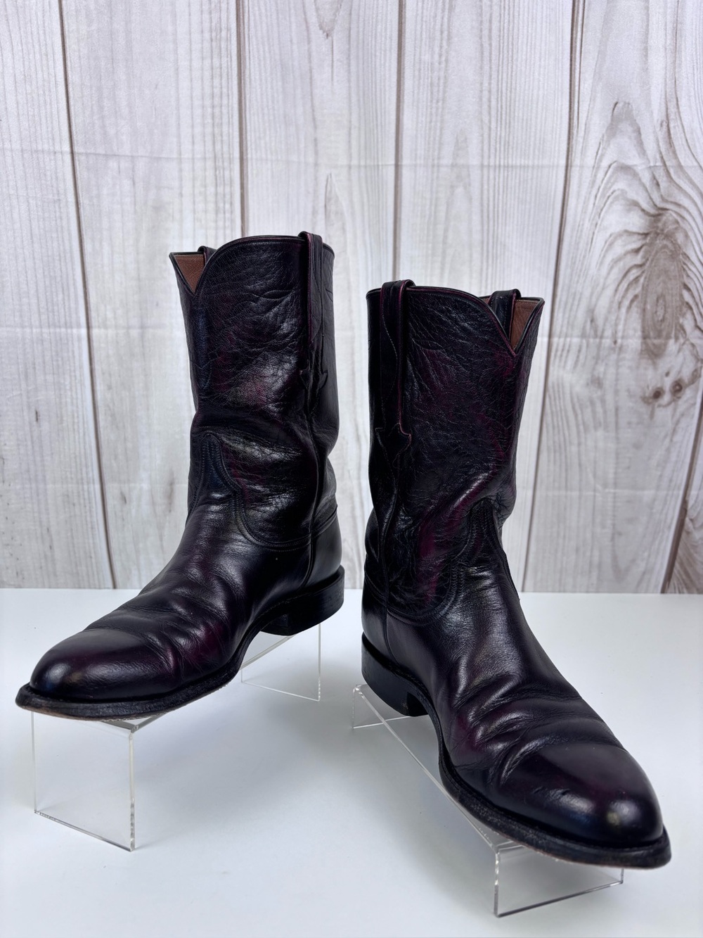 Vintage Lucchese Leather Cowboy Western Roper Boots P0134 Black Cherry Sz 8E - Picture 4 of 15